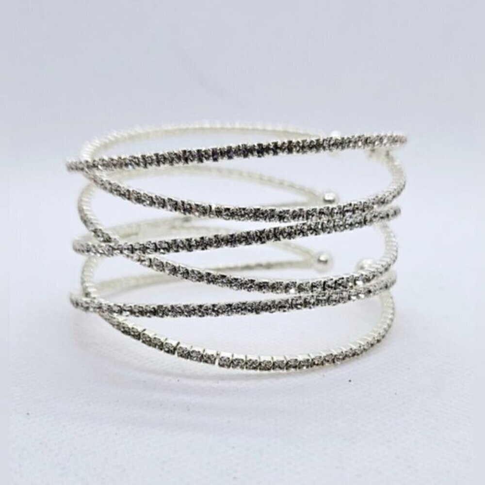 Silver Tone Stretch Rhinestone Cuff Bracelet Sparkle Statement Jewelry